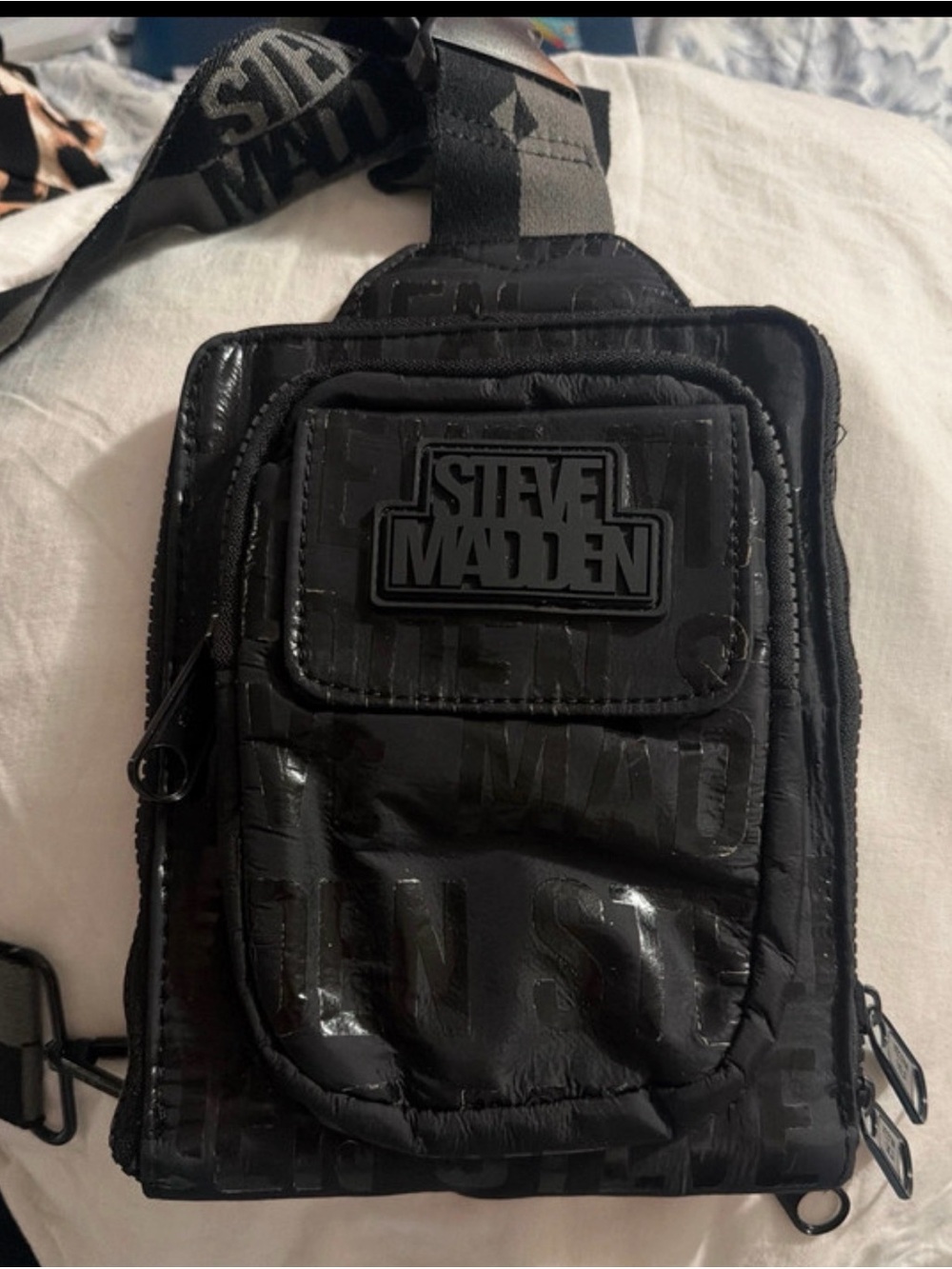 Steve Madden Black Quilted Logo Crossbody Sling Bag